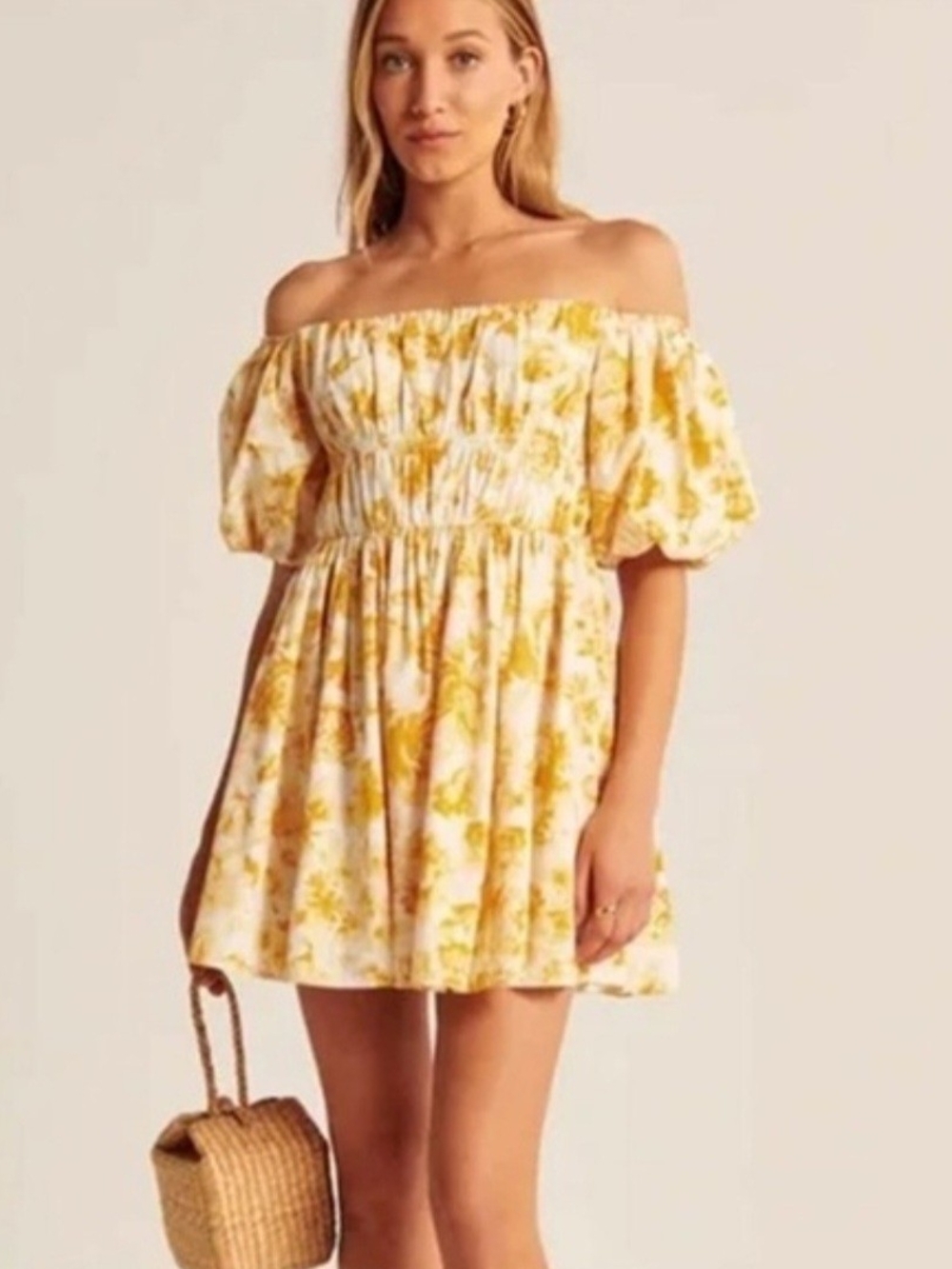 Abercrombie & Fitch Yellow Floral Off-Shoulder Mini Dress